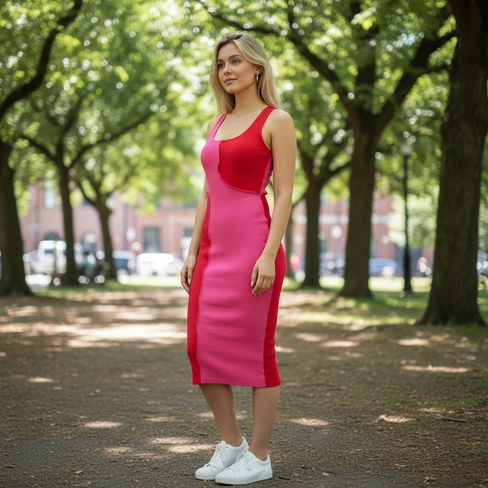Naked Wardrobe Colorblock Ribbed Racerback Midi Dress Pink Red Bodycon Large